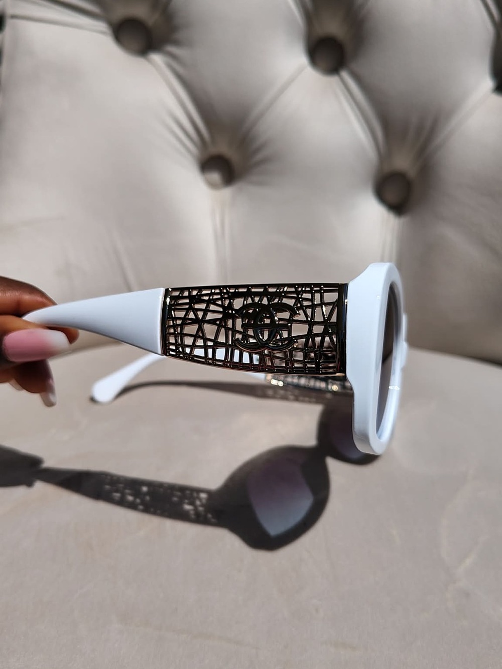 Designer White Sunglasses with Decorative Metal Lattice Temples - Picture 1 of 6